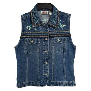 90s Bill‎ Blass Floral Embroidered Denim Vest Size Medium P Boho Western Vintage